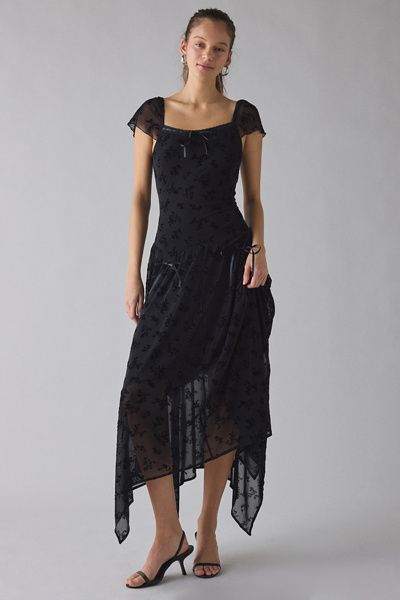 black dress with daisies Black Daisy Flower Print Ruffle Detail Mini Dress main image 0