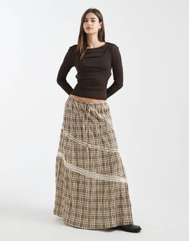 Daisy Street Daisy Street mid rise asymmetric tiered skirt with side split in light plaid-Blue