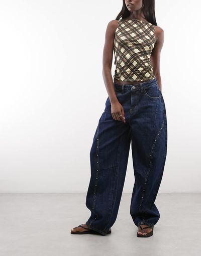Daisy Street Daisy Street mid rise barrel leg studded jeans in blue wash