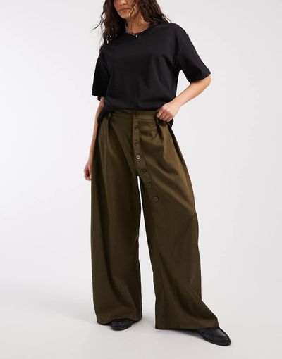Daisy Street Daisy Street mid rise wide leg pants with asymmetric buttons in khaki olive green