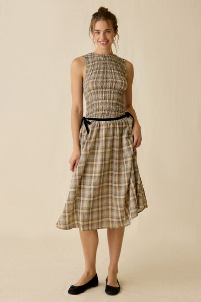 Daisy Street Daisy Street Nola Drop Waist Smocked Midi Dress in Yellow, Women's at Urban Outfitters