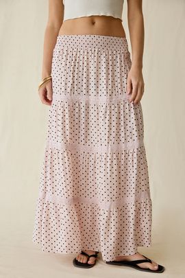 Daisy Street Daisy Street On The Dot Tiered Lace Trim Maxi Skirt in Pink Combo, Women's at Urban Outfitters