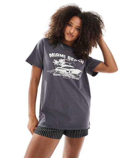 Daisy Street Daisy Street oversized t-shirt with miami beach graphic in charcoal-Black