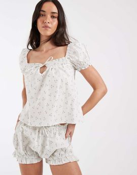 Daisy Street Daisy Street pajama babydoll smock top and bloomer shorts in ditsy floral-Multi