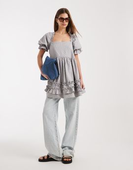 Daisy Street Daisy Street puff sleeve smock mini dress with ruffles in gray stripe