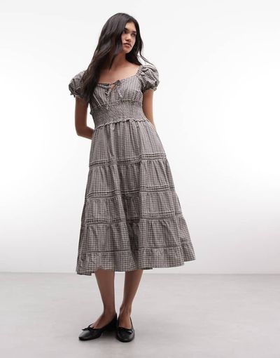 Daisy Street Daisy Street puff sleeve tiered midaxi dress with tie bust in gray plaid