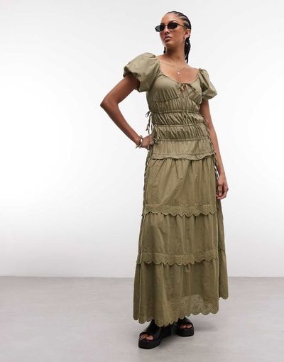 Daisy Street Daisy Street ruched broderie detail maxi dress in olive-Green