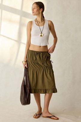 Daisy Street Daisy Street Ruched Side-Tie Midi Skirt in Khaki, Women's at Urban Outfitters