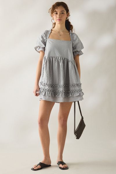 Daisy Street Daisy Street Seersucker Cotton Puff Sleeve Mini Dress in Grey, Women's at Urban Outfitters