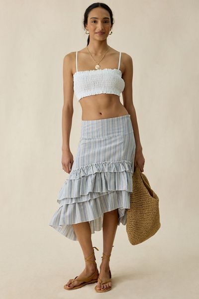 Daisy Street Daisy Street Seren Asymmetric Tiered Ruffle High-Low Midi Skirt in Light Blue, Women's at Urban Outfitters