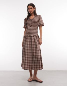 Daisy Street Daisy Street shirred drop waist midi dress with puff sleeves and tie front in brown check