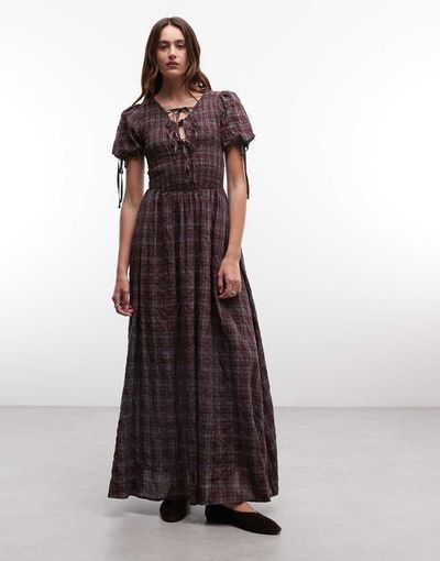 Daisy Street Daisy Street shirred maxi dress with tie front in purple plaid