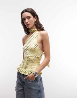 Daisy Street Daisy Street shirred scarf halter top in yellow polka dot