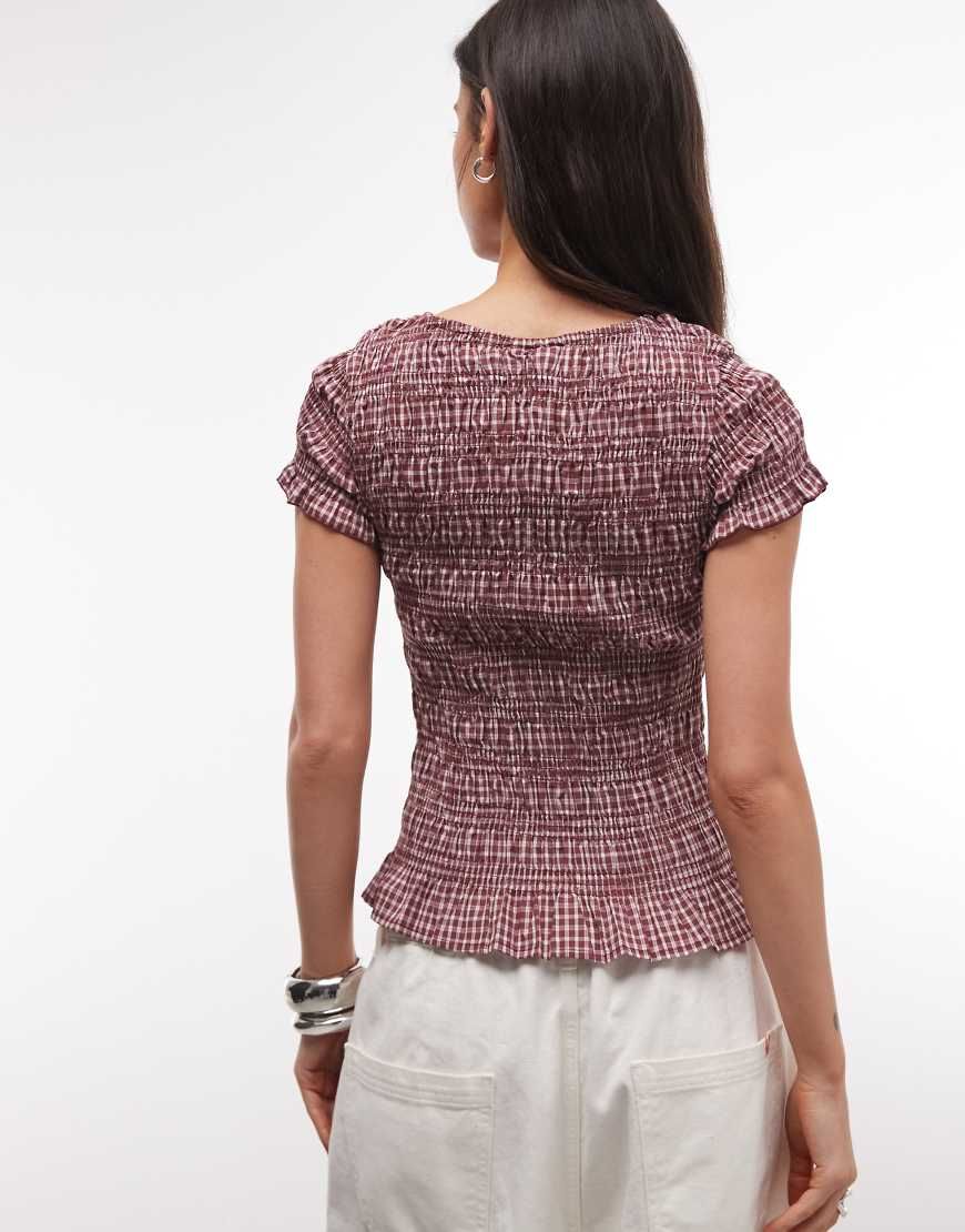 Daisy Street - shirred short sleeve top in pink plaid-Multi