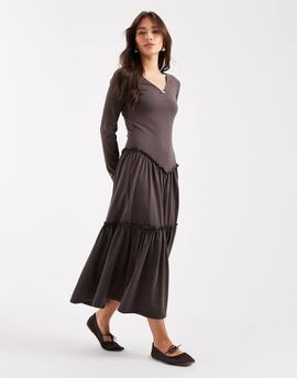 Daisy Street Daisy Street tiered dropped waist maxi dress in washed gray brown-Multi