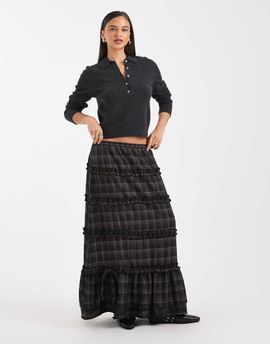 Daisy Street Daisy Street tiered ruffle boho skirt in brown plaid
