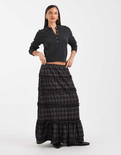 Daisy Street Daisy Street tiered ruffle boho skirt in brown plaid