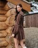Daisy Street Daisy Street v neck big collar mini dress with puff sleeve in brown orange plaid-Multi - 3