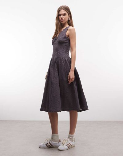 Daisy Street Daisy Street v neck corset style midi dress in gray broderie