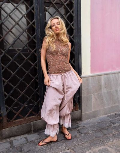 Daisy Street Daisy Street x Emma Jean boho balloon pants with lace in rose pink