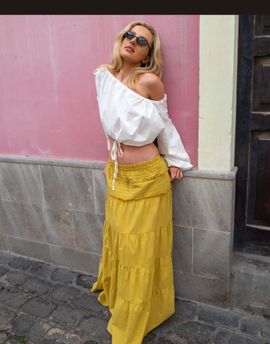 Daisy Street Daisy Street x Emma Jean boho ruffle drop waist midaxi tiered skirt in chartreuse-Yellow