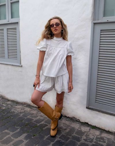 Daisy Street Daisy Street x Emma Jean pull on lacey mini shorts in white - part of a set