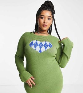 Daisy Street Plus Daisy Street Plus mini knit dress with heart graphic and flared sleeves-Green