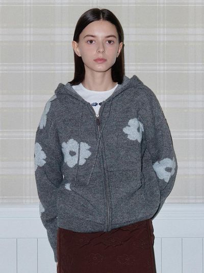 DAISY SYNDROME BLOSSOM KNIT HOODIE ZIP - UP brown
