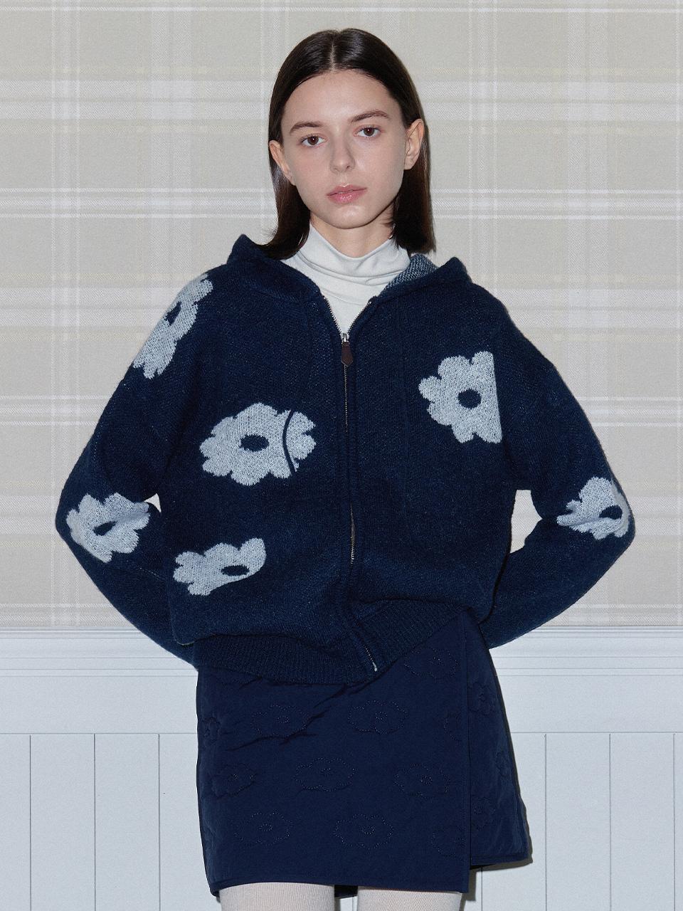 DAISY SYNDROME BLOSSOM KNIT HOODIE ZIP - UP navy