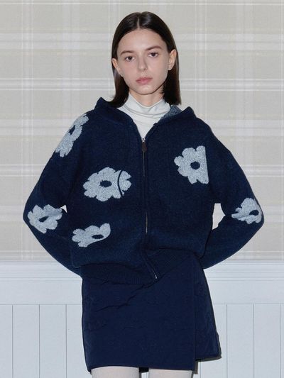 DAISY SYNDROME BLOSSOM KNIT HOODIE ZIP - UP navy