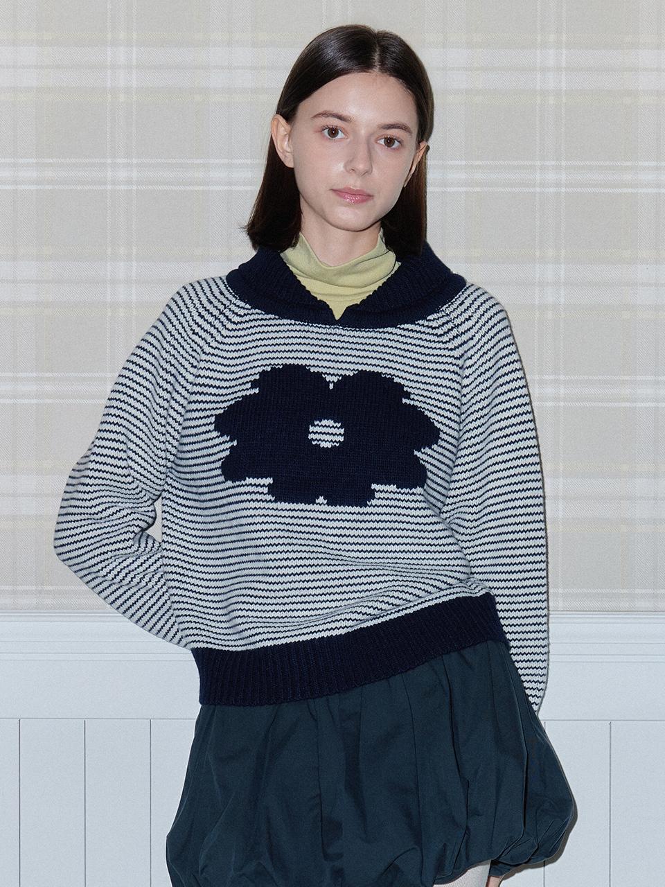 DAISY SYNDROME FLORAL STRIPE COLLAR KNITWEAR_ navy