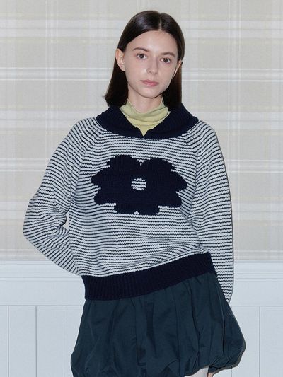 DAISY SYNDROME FLORAL STRIPE COLLAR KNITWEAR_ navy