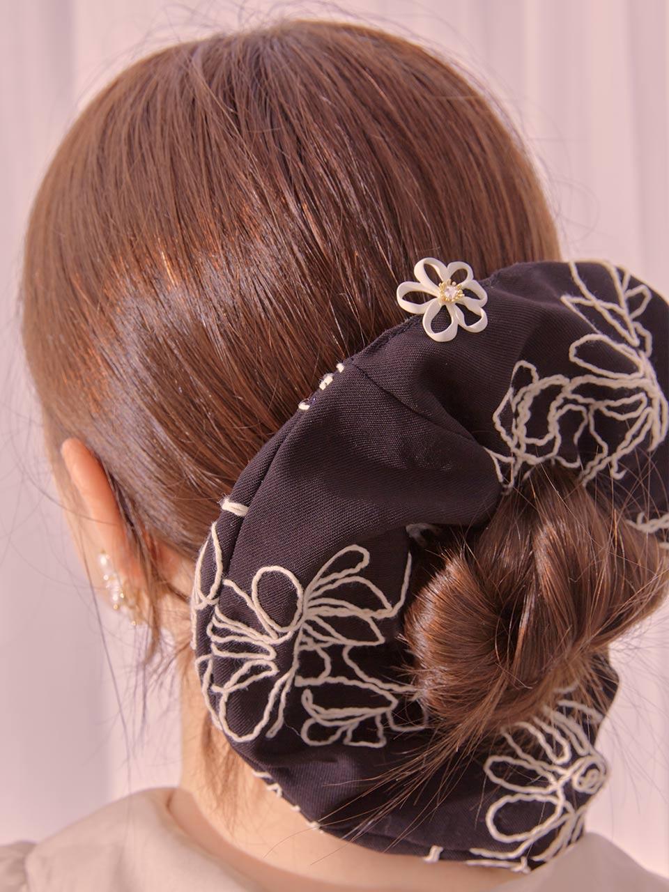 Dana Burton Flower Stitch Ruched Elastic Hair Scrunchie