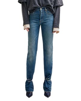Darkpark Darkpark Cotton High Rise Embellished Cuff Straight Leg Jeans in Medium Wash Wrinkle