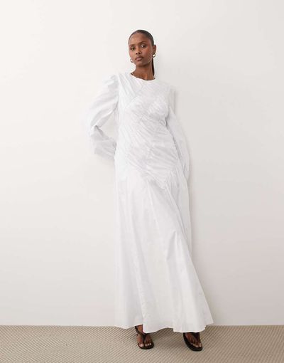 Daska Daska asymmetric shirred detail balloon sleeve maxi dress in white