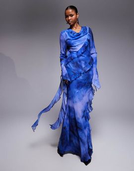 Daska Daska chiffon high cowl neck frill detail maxi dress in cobalt abstract print-Blue