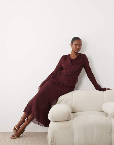 Daska Daska chiffon ruffle maxi dress in burgundy-Red