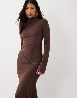 Daska Daska high neck maxi dress with asymmetric seam detail in chocolate-Brown