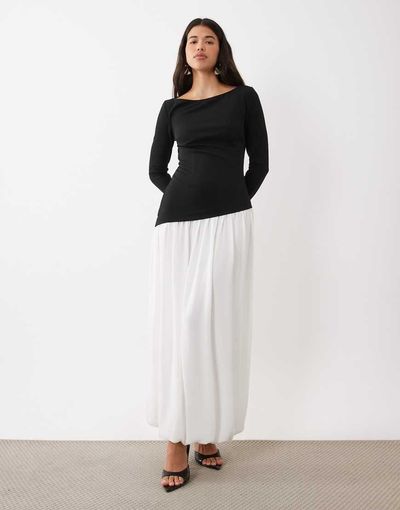 Daska Daska long sleeve boat neck contrast asymmetric maxi dress in black and white