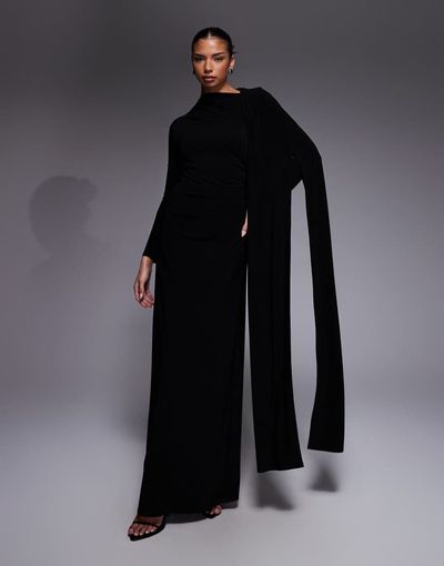 Daska Daska one shoulder cape maxi dress in black