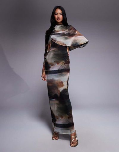 Daska Daska over the shoulder cape maxi dress in abstract print-Multi