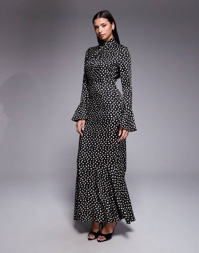 Daska Daska satin knot detail fluted sleeve maxi dress in black polka dot-Multi