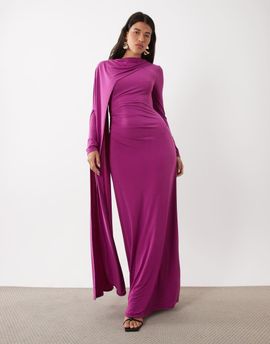 Daska Daska sculpted slinky cape detail maxi dress in fuschia-PURPLE