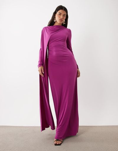 Daska Daska sculpted slinky cape detail maxi dress in fuschia-PURPLE