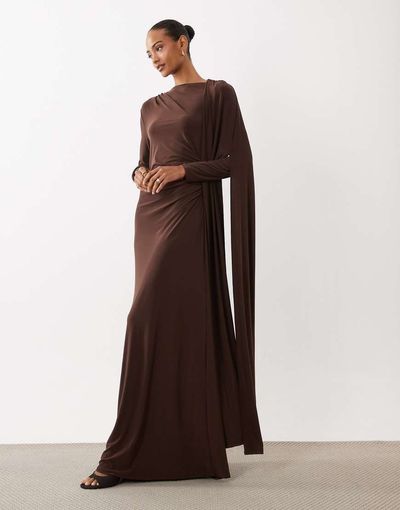 Daska Daska slinky one shoulder cape maxi dress in chocolate-Brown