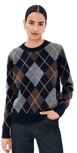 Daughter &Daughter Argyle Slouch Lambswool Crewneck Sweater Navy With Brown