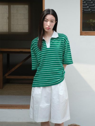 DAUGHTER Striped Terry Polo Shirt, Green