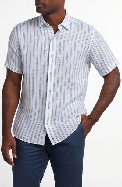 David Donahue David Donahue Stripe Short Sleeve Slub Linen Button-Up Shirt