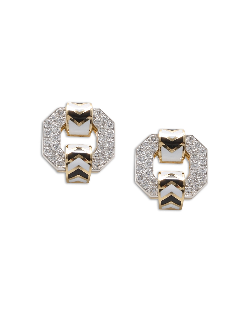 David Webb David Webb Platinum & 18K Yellow Gold Chevron Diamond and Black & White Enamel Stud Earrings, 3.21 tcw