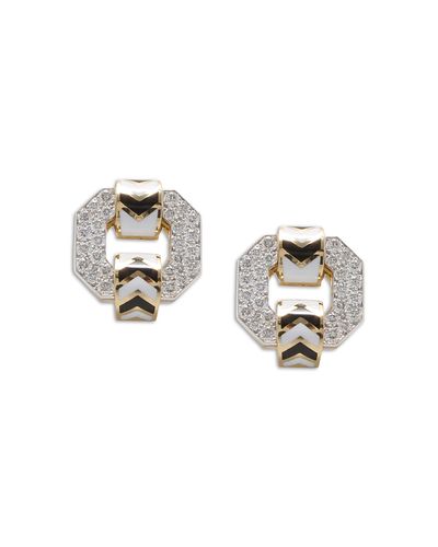 David Webb David Webb Platinum & 18K Yellow Gold Chevron Diamond and Black & White Enamel Stud Earrings, 3.21 tcw
